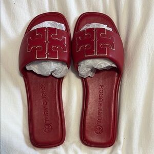 Tory Burch Red Leather Slide Sandals with Logo
